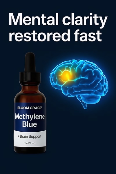 A high-contrast ad featuring a Methylene Blue dropper bottle alongside a glowing brain graphic to illustrate immediate mental clarity benefits.